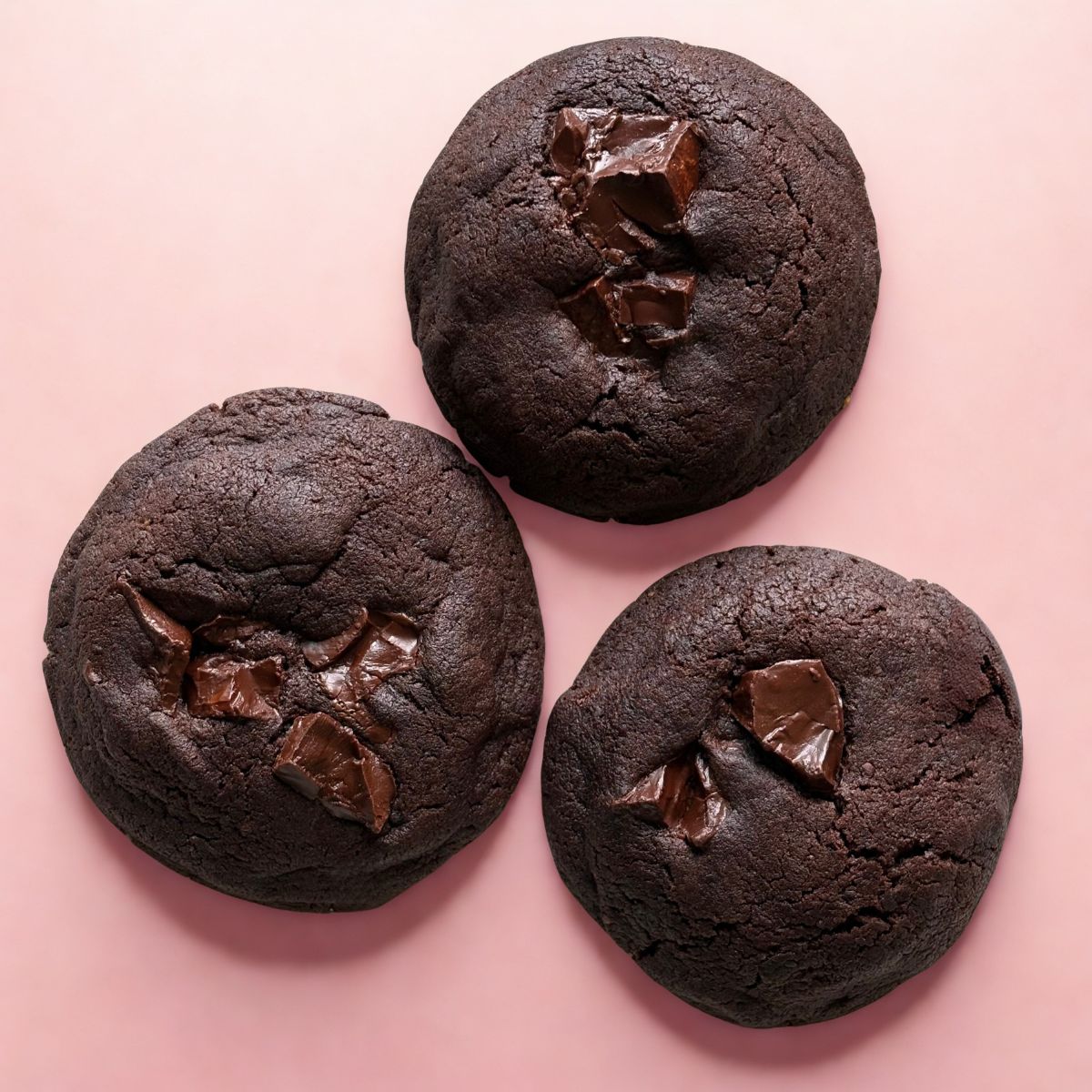 Three Choco Brownie Cookies arranged on a pink background, showing their fudgy and soft-baked centers.