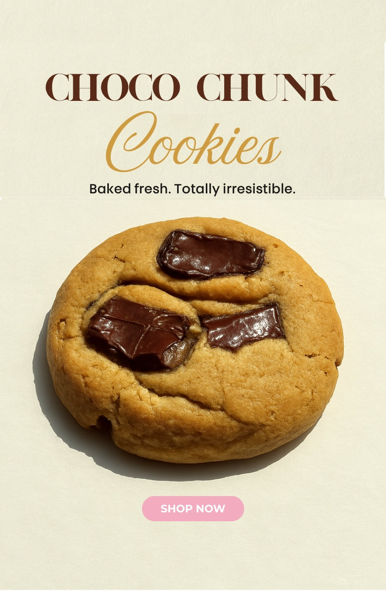 Freshly baked Choco Chunk Cookies by Queen Cookies, made with rich chocolate chunks and 100% eggless ingredients