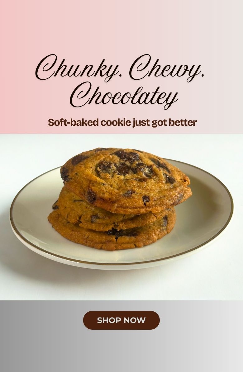 Buy soft-baked chocolate chunk cookies online in India – chunky, chewy, and rich in dark chocolate.