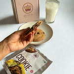 Nutella-stuffed cookie with Queen Cookies packaging and milk – eggless chocolate treat ideal for gifting and premium snacking