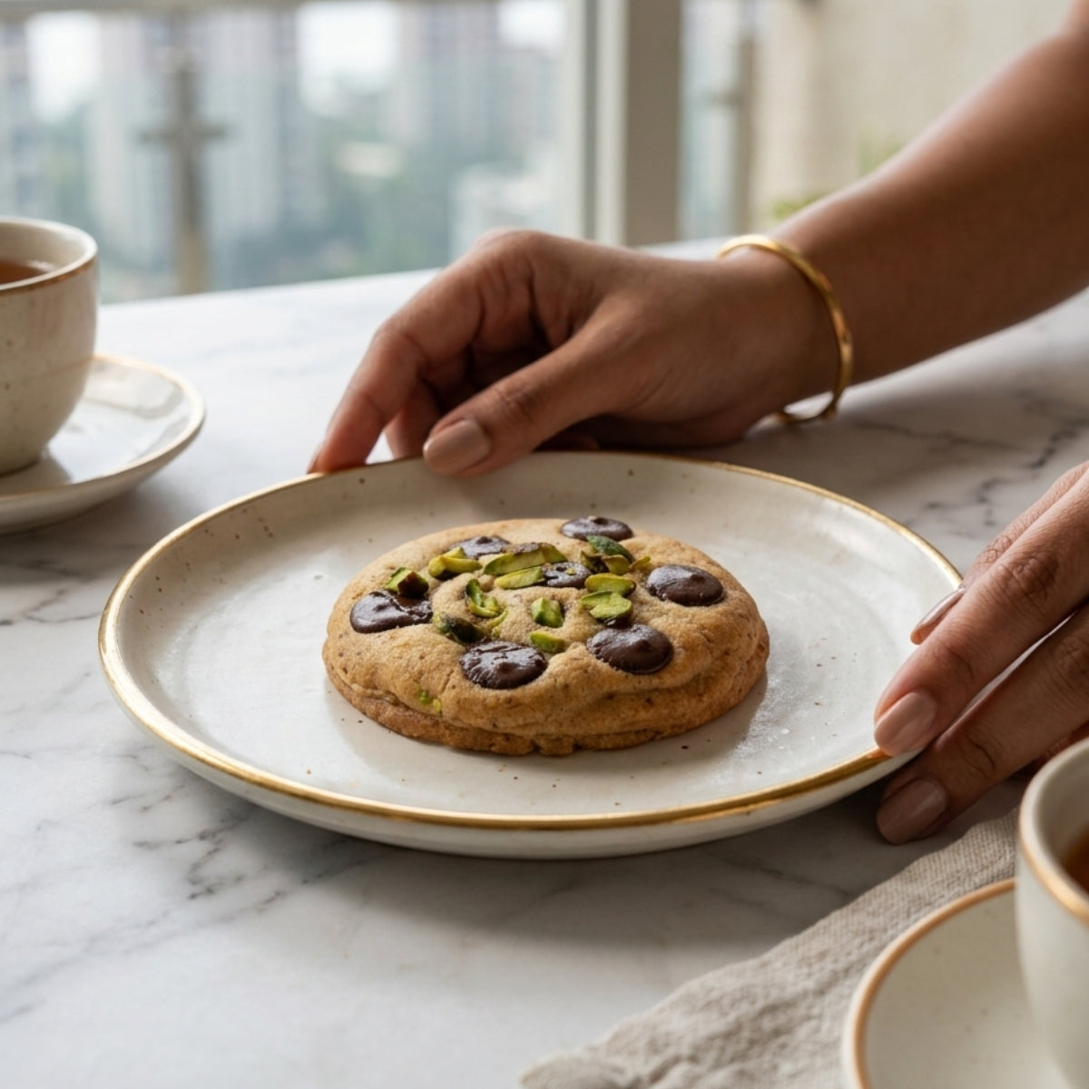 Pistachio Royale gourmet cookie served with coffee, handcrafted eggless pistachio chocolate chip cookie by Queen Cookies