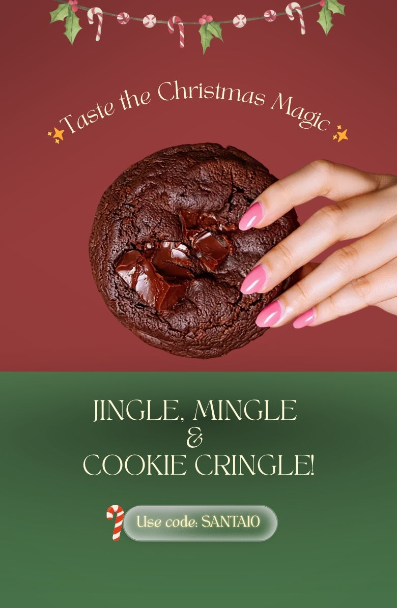 Holiday-themed Queen Cookies banner with chocolate brownie, red velvet, and Biscoff cookies for Christmas celebrations