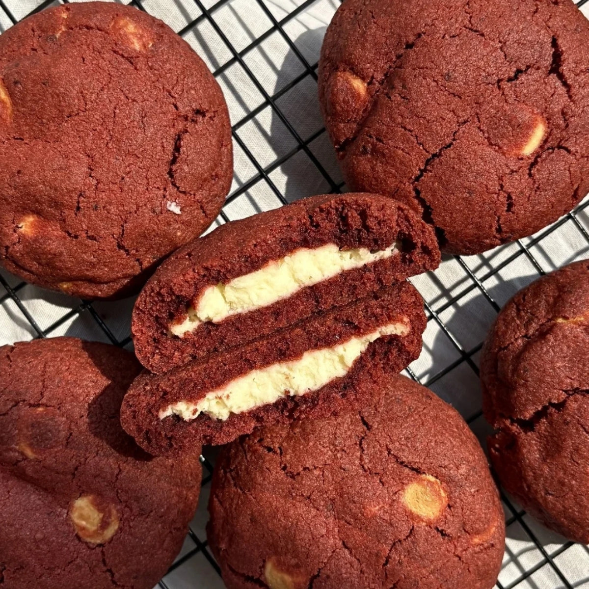 Red Velvet Cream Cheese Cookie with rich cream cheese filling, handcrafted eggless premium cookie by Queen Cookies