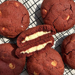 Red Velvet Cream Cheese Cookie with rich cream cheese filling, handcrafted eggless premium cookie by Queen Cookies