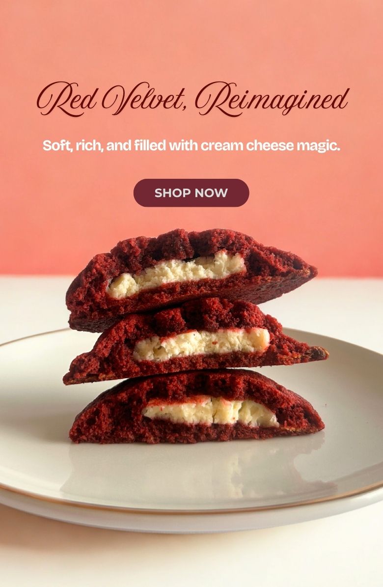 Order red velvet cream cheese cookies in India – soft-baked, rich, and filled with luscious cream cheese